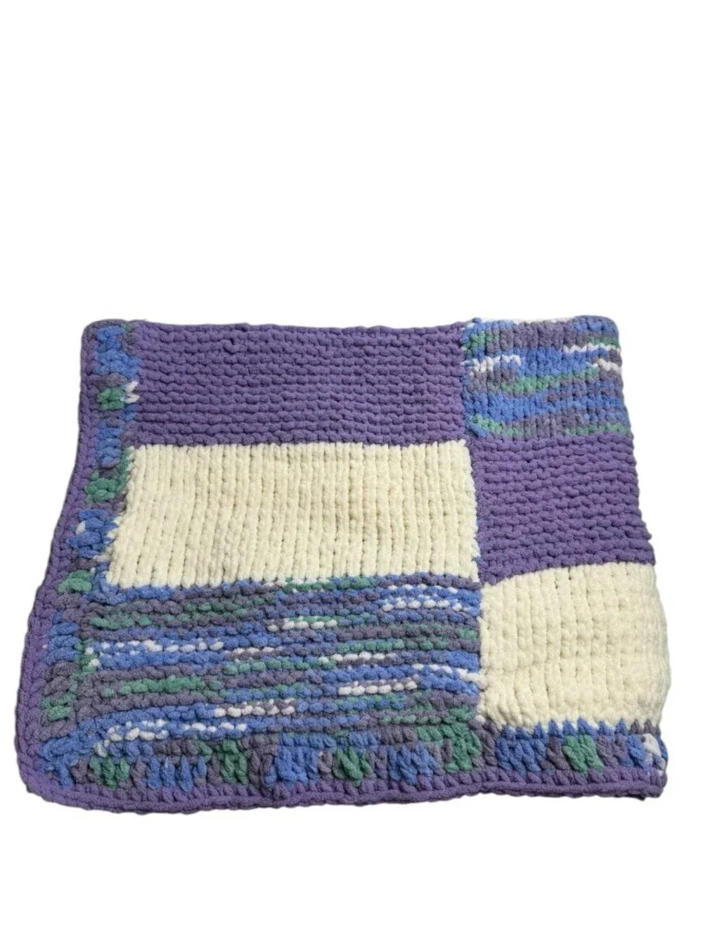 Handmade Chenille Lap Throw Purple White Blue Baby Blanket Patchwork So Soft